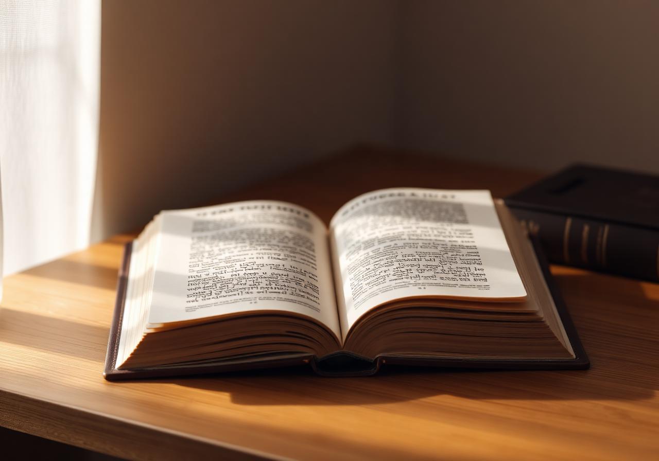 An open book on a wooden desk in soft morning light
